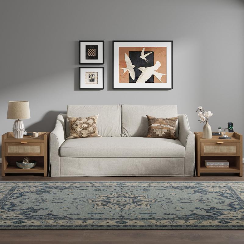 SICOTAS Night Stand Set of 2 - Rattan Nightstands with Type-C Charging Station &  Rattan Drawer - 15.4" x 23.6" x 22.1" Boho Bed Side End Table for Small Apartment Living Room Bedroom, Sturdy and Durable