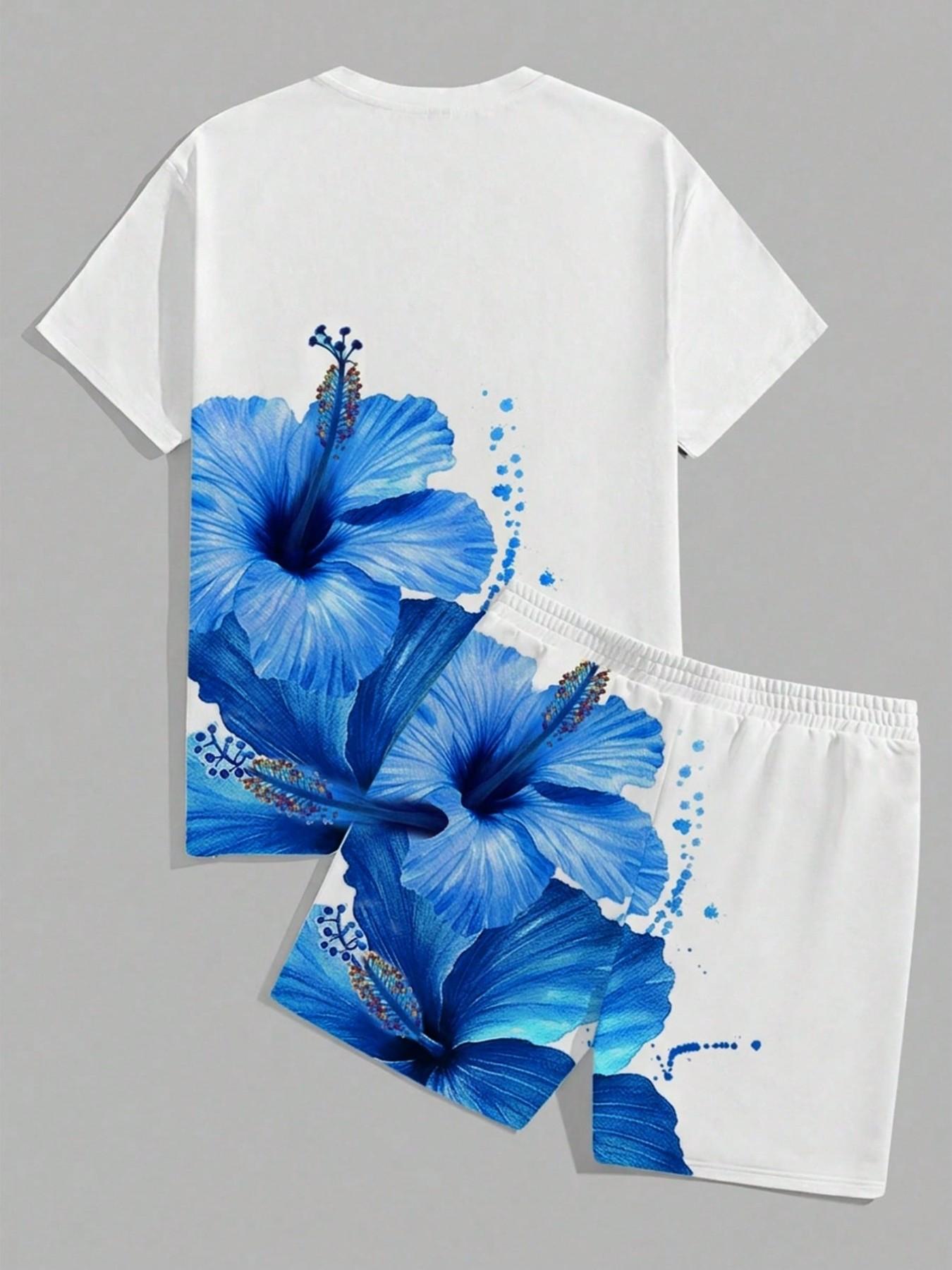 Summer Men's Outdoor Round Neck Short Sleeve T-Shirt and Shorts Set, Floral All over Print, Casual Fitted Style, 2-Piece