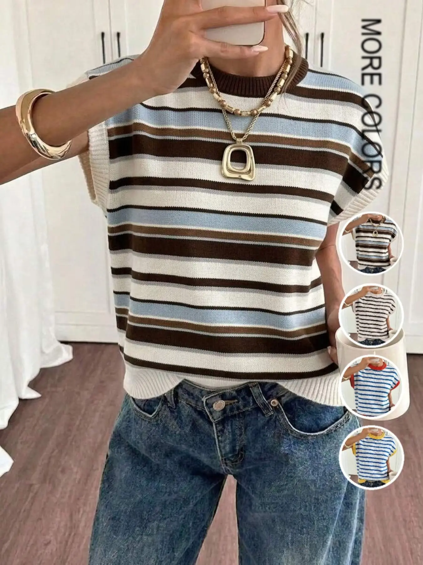 Women's Colorblock Round Neck Striped Loose Fit Casual Drop Shoulder T-Shirt, Vintage Short Sleeve Knit Top, Unique Design Fashionable Lightweight Elegant