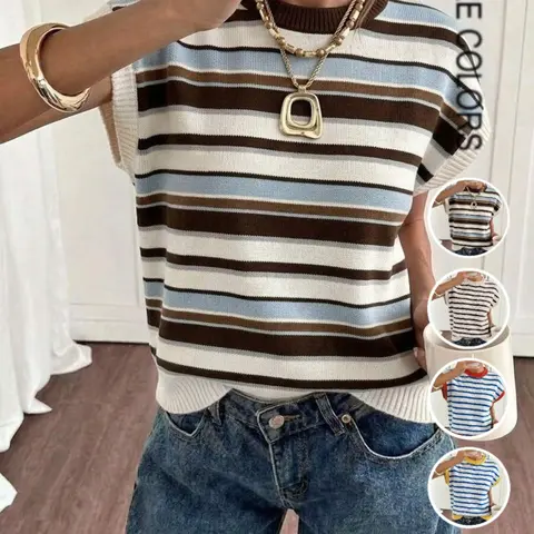 Women's Color-Block Striped Round-Neck Drop-Shoulder T-Shirt, Loose-Fit Short-Sleeve Knit Tee, Lightweight Casual Top, Casual Tee Shirts
