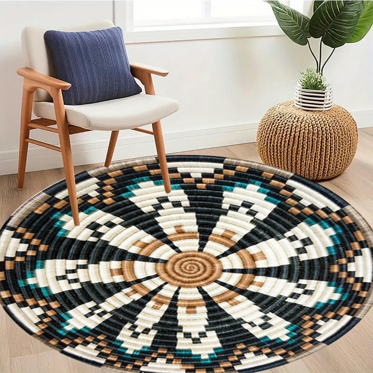 1piece of fashionable woven rope printed 2D plan circular pattern floor mat, suitable for bedroom bedside decoration, living room home decoration, balcony decoration, hotel decoration, entrance, kitchen, bathroom and other places, available in all seasons