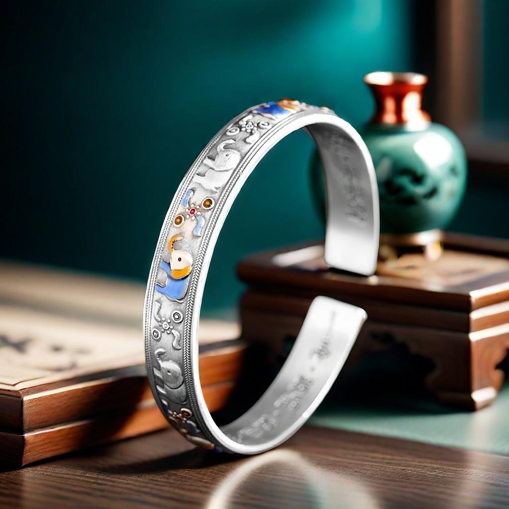 Solid Silver s999 bracelet Sterling Silver bracelet Ladies Open bracelet can be freely adjusted size Send girlfriend send Mom birthday holiday gift Silver weight 31 g /1.09 oz