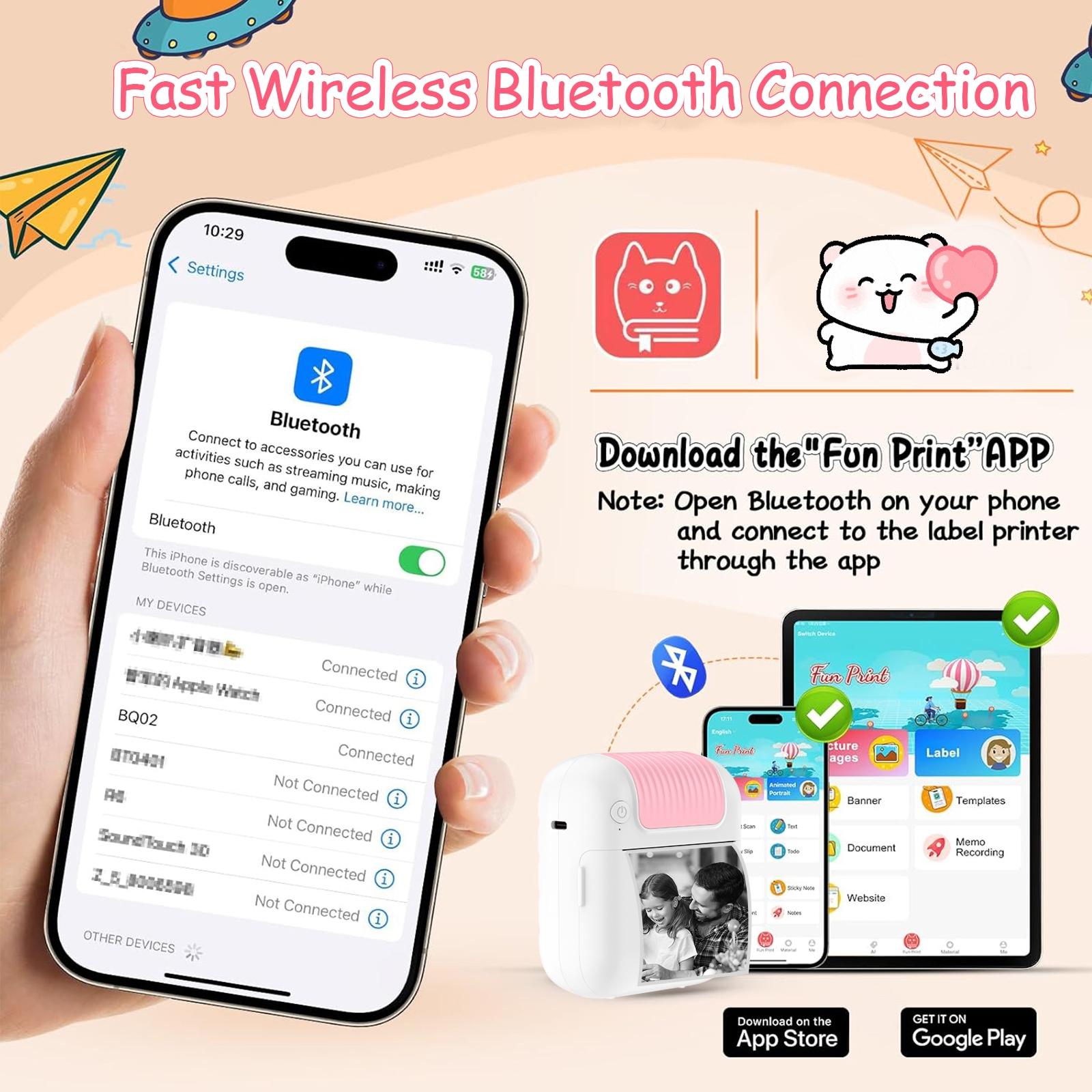 Mini Pocket Bluetooth Printer, Portable Sticker Printing Device Includes Doodle Color Markers, Perfect for Diary, DIY Scrapbooking, Travel Notes & Memo, Ideal Gift for Children Adults & Students, Excellent Kids Christmas Present