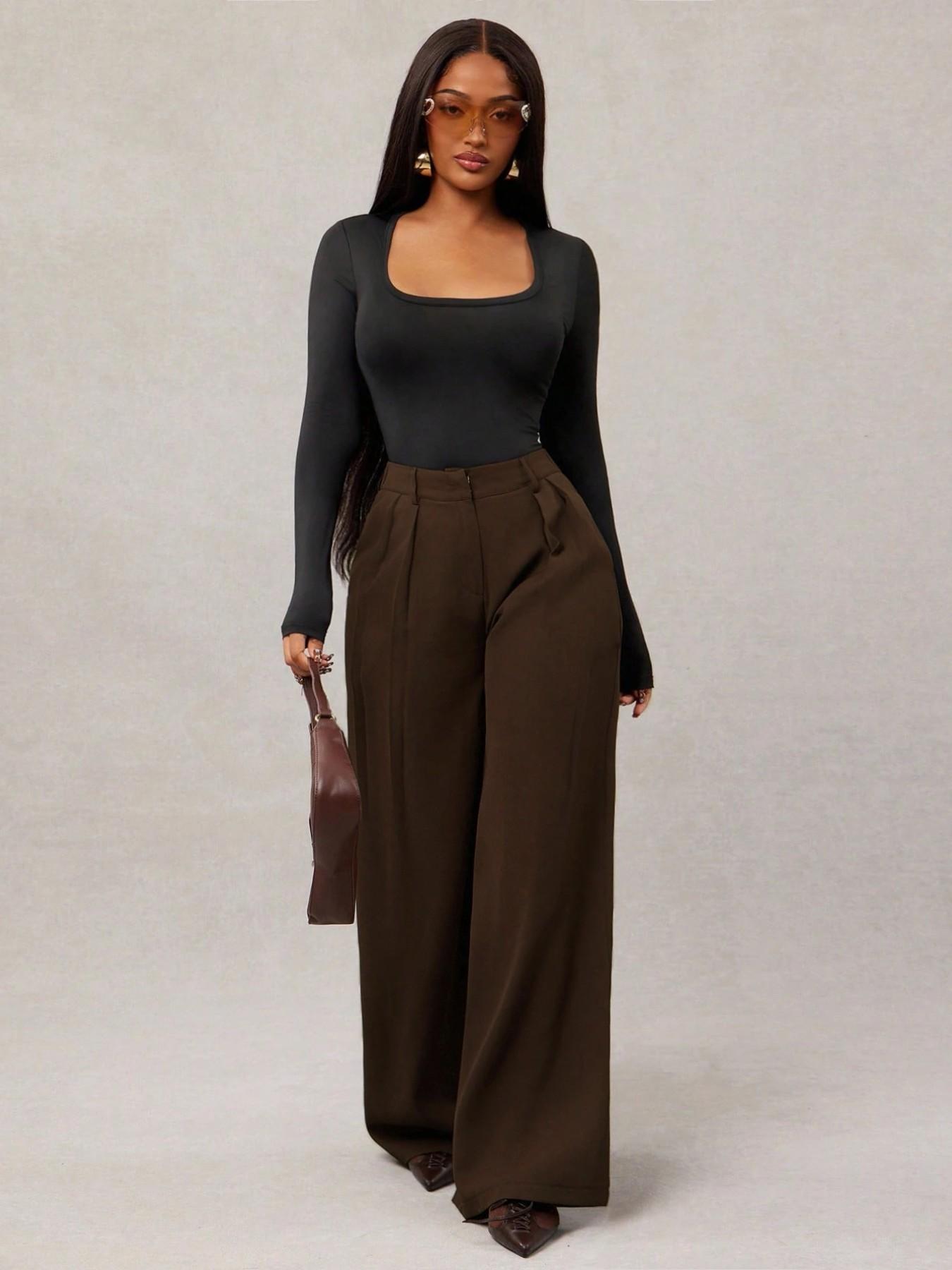 Women's Minimalist Style Fashion Wide Leg Pants, High Waist Elastic Waistband, Commuter & Casual Wear, Comfortable Daily