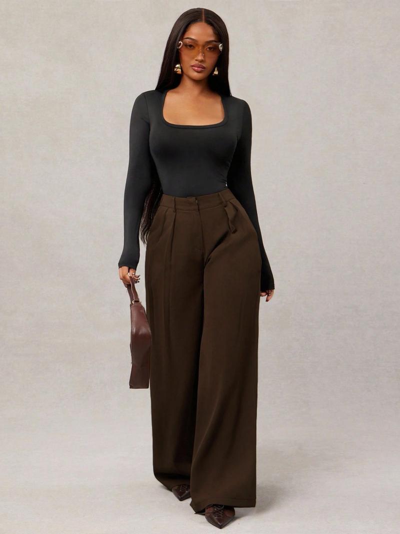 Women's Minimalist Style Fashion Wide Leg Pants, High Waist Elastic Waistband, Commuter & Casual Wear, Comfortable Daily