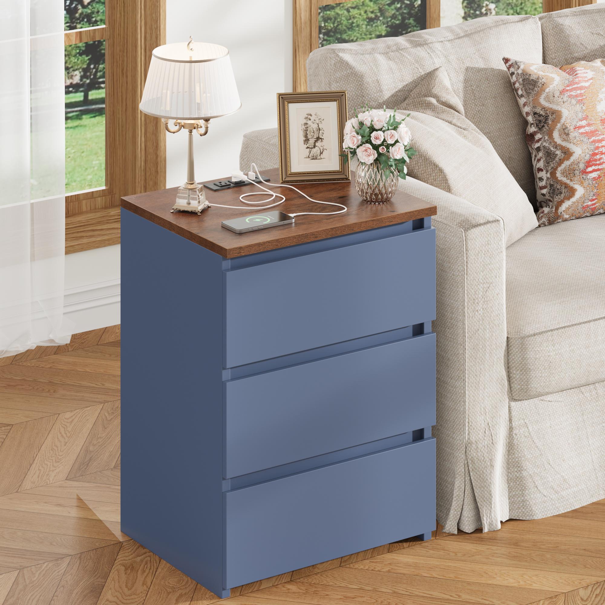 FOTOSOK Nightstad with Charging Station, White Nightstand with 3 Drawers,  Nightstand with USB Ports, Power Outlets, Silent Slides, Wooden End Side Table Bedside Table for Bedroom