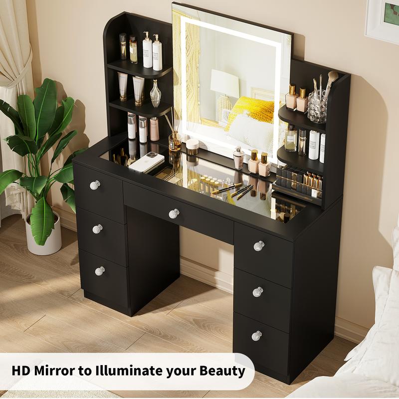 VOWNER Modern Makeup Vanity Table Set with 3-Color LED Mirror 7 Drawers & Power Strip for Bedroom & Bathroom 43-Inch White Dressing Table