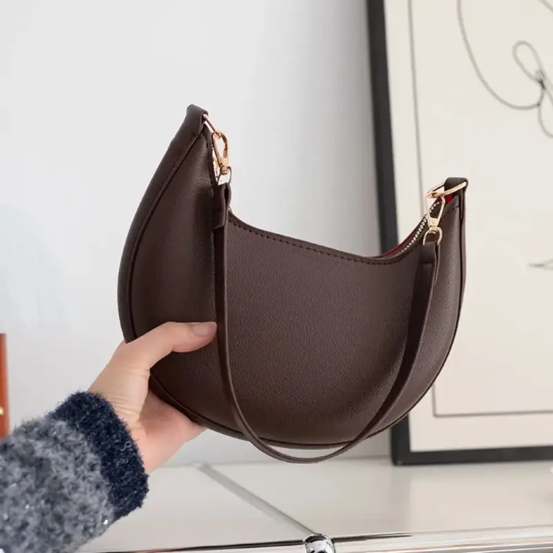 Minimalist Crescent Shoulder Bag, Smooth PU Leather Underarm Handbag, Solid Contrast Lining Casual Commute Crossbody Shoulder Bag