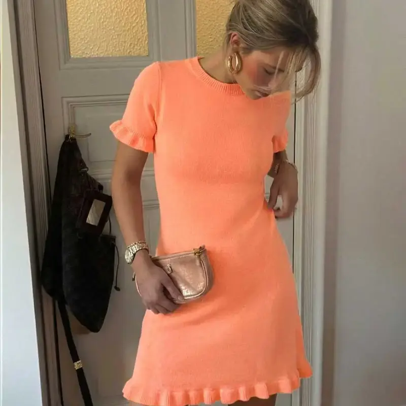 Women's Spring Autumn Fashion Basic Solid Color Round Neck Ruffle Trim Short Sleeve Casual Knit Dress, Simple, Stylish and Comfortable, Round Neck Dresses