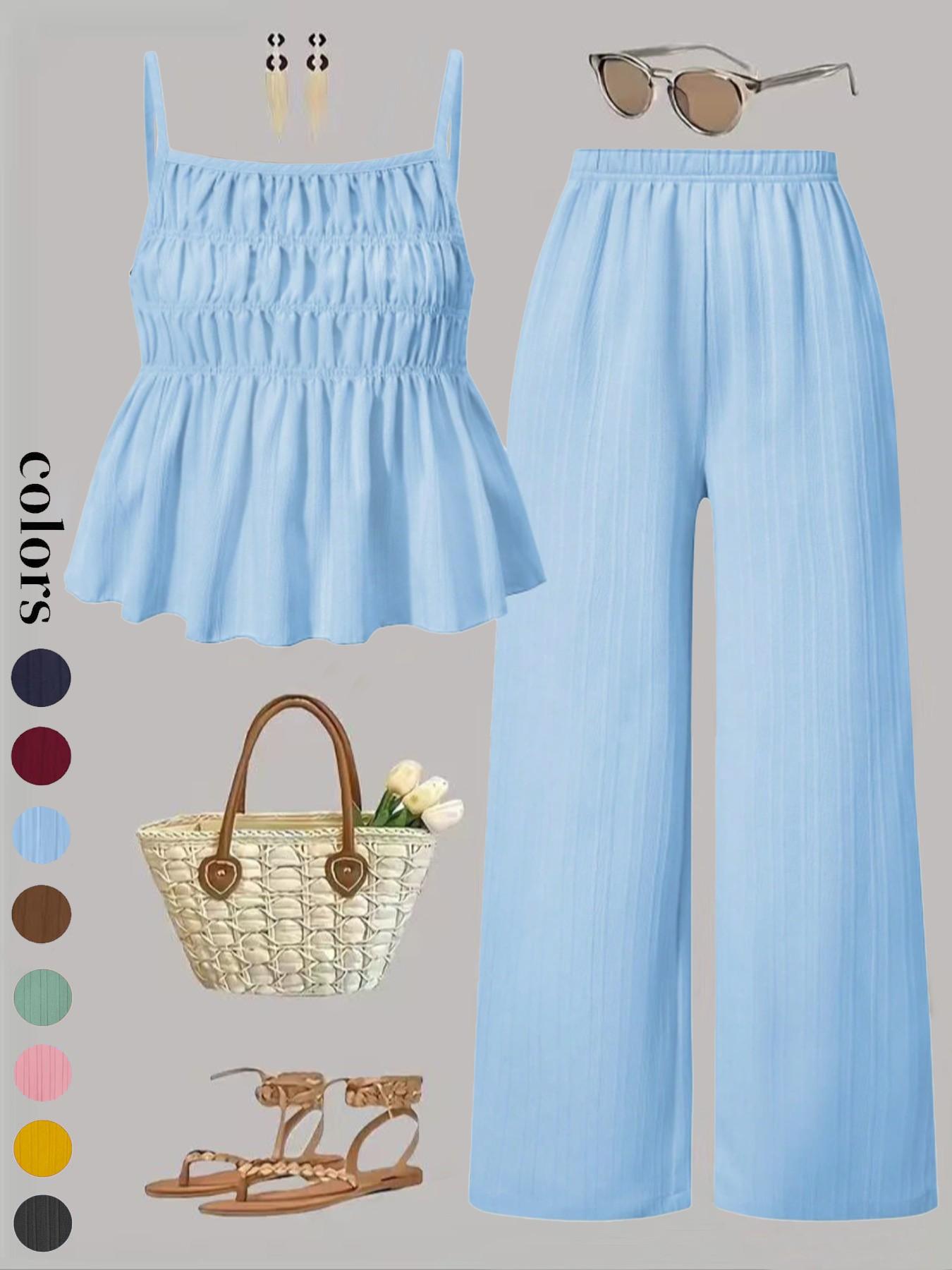 Two-Piece Set Women's Solid Color Cami Top & Wide Leg Pants Set, Street Fashion Casual Outfits for Daily Outdoor Wear, Ladies Clothes for All Seasons