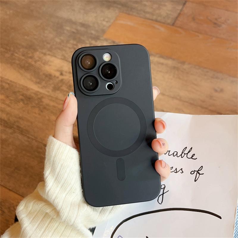 For iPhone 17 Pro Max 16 15 14 13 12 11 Pro Max Mag Safe Slim Case with Glass Camera Lens Cover Durable Silicone Slim Shockproof Cover (Black)