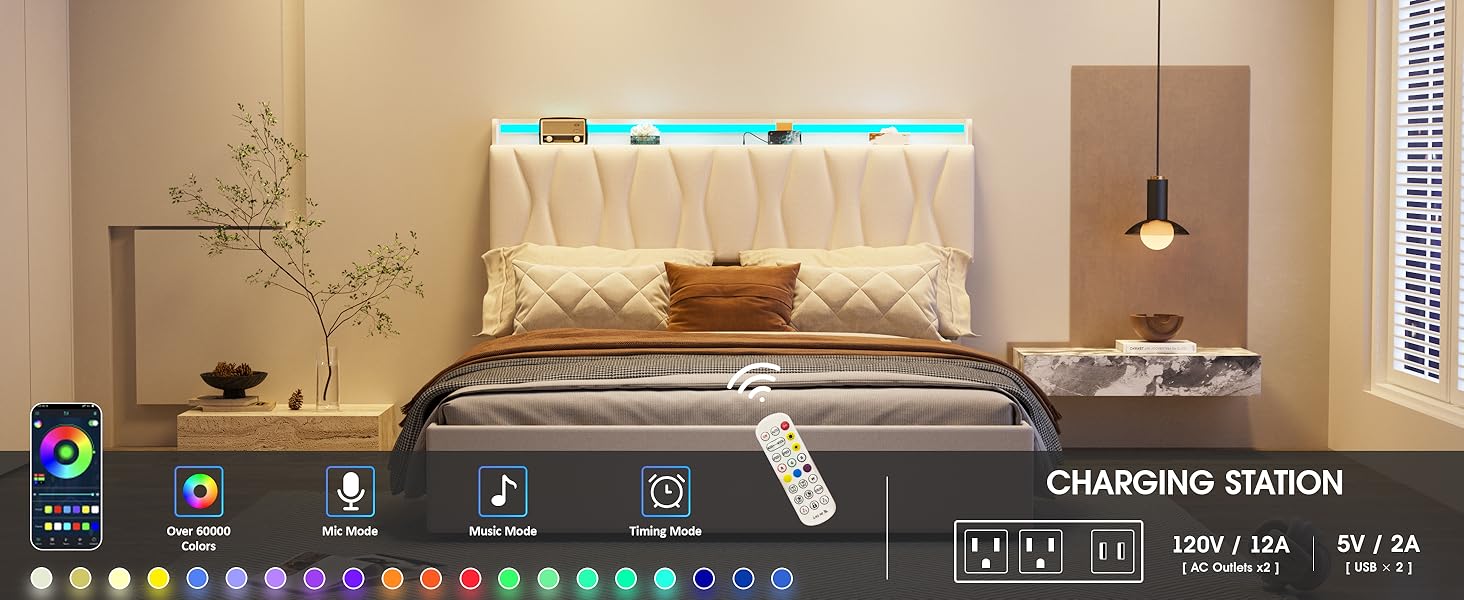 Vabches Lift Up Storage Bed Frame with Adjustable Headboard, Charging Station, LED Lights, Wood Slats, Noise-Free, No Box Spring Needed