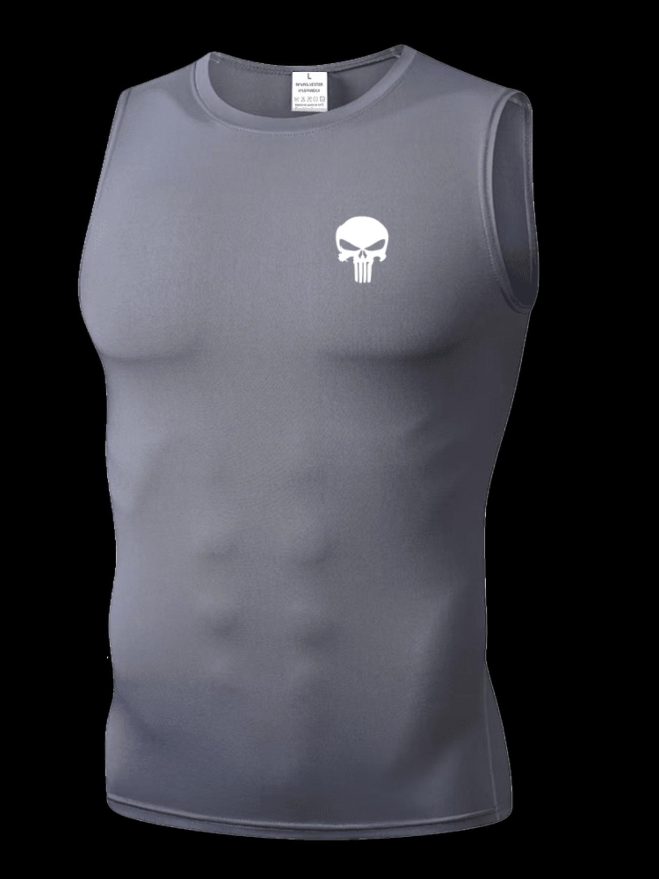 Men's Short Sleeve Sporty Tee, Quick-Dry Breathable Skull Print, High Elasticity, Lightweight, Ideal for Gym, Running, Boxing, Casual Wear