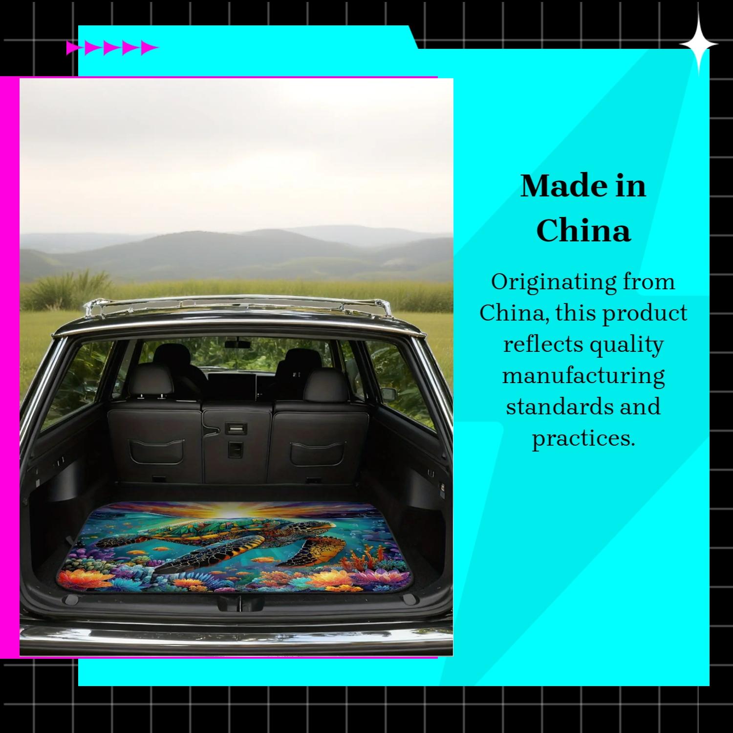 One Piece of a Vibrant Sea Turtle Design Featuring a Sunrise Over The Ocean, Perfect for Car Trunk. This SUV Mat, Car Floor Mats, Serves As an Easy-To-Clean Floor Cover for Camping Gear, Sports Equipment, Making It Ideal for Family Outings