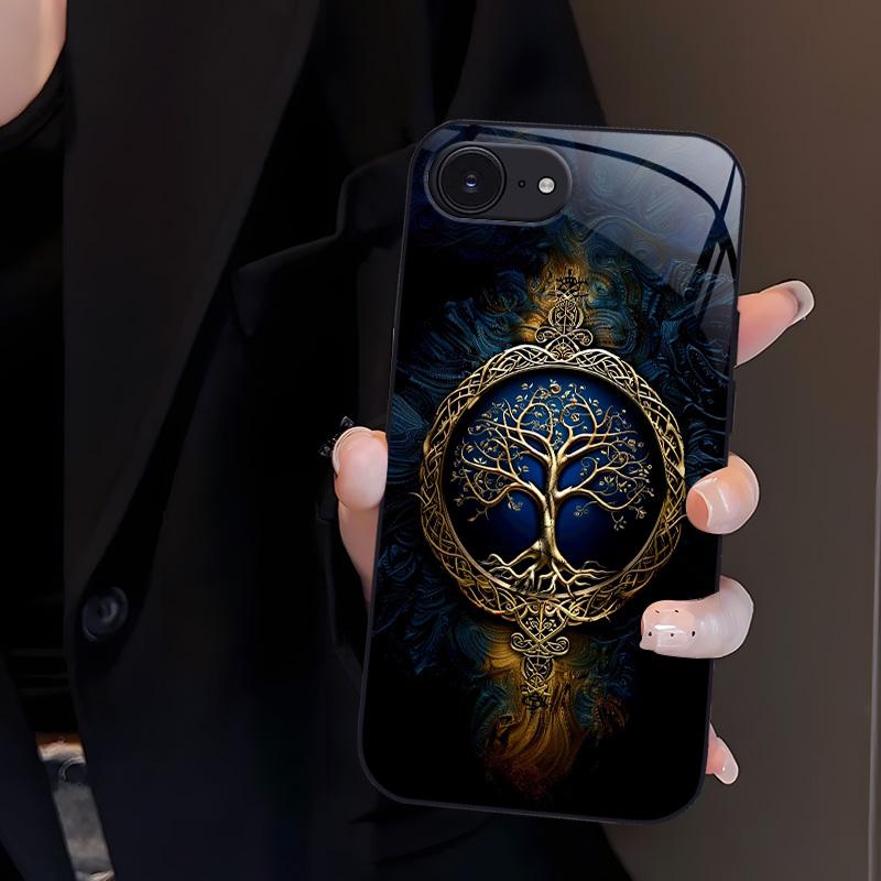 Suitable for [iPhone 16e] high-end phone case🤩， high-end patterns，blue and gold tree of life pattern new black phone，drop-resistant and fingerprint-proof YM99