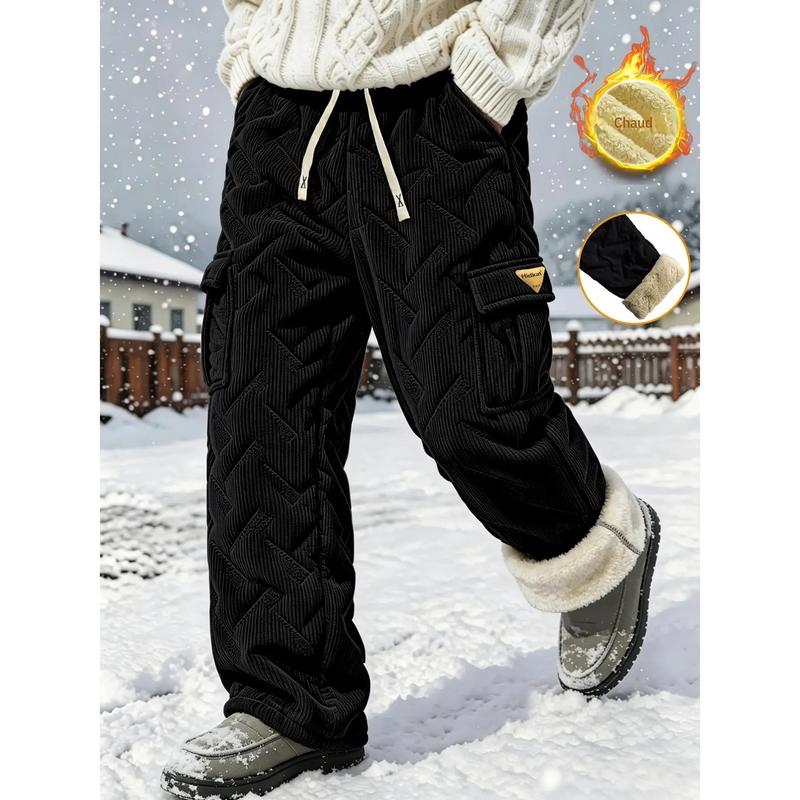 Men's Cozy Lamb Fleece-Lined Corduroy Wide-Leg Cargo Pants, Elastic Drawstring Waistband, Multi-Pocket Loose-Fit Menswear, Warm Winter Bottoms for Daily Casual & Outdoor Cold Weather Use
