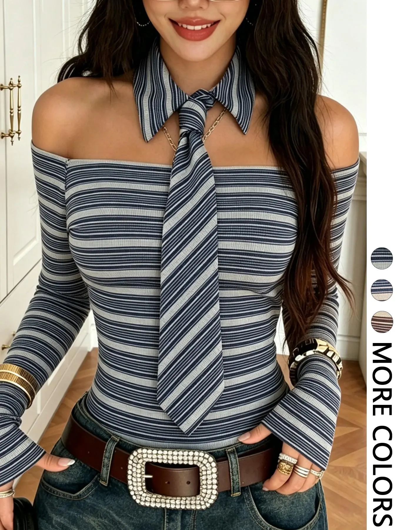 【Black Friday】Women's Striped Off Shoulder Long Sleeve Top with Detachable Tie, Sweet & Edgy Style, Perfect for Dating, Campus, Street and Daily Casual Wear