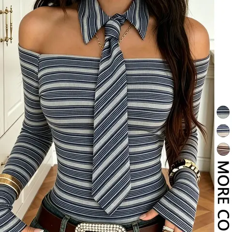 Women's Striped One-Shoulder Long Sleeve Top, Matching Tie, Pointed Neck Ribbed Slim Fit, College Style Layering T-Shirt for Dates, Streetwear, Casual, Vacation