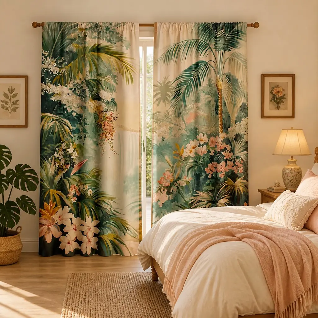 Tropical Palm Flower Print Curtains, Dense Jungle Design, Vintage Bohemian Style, Bedroom Living Room