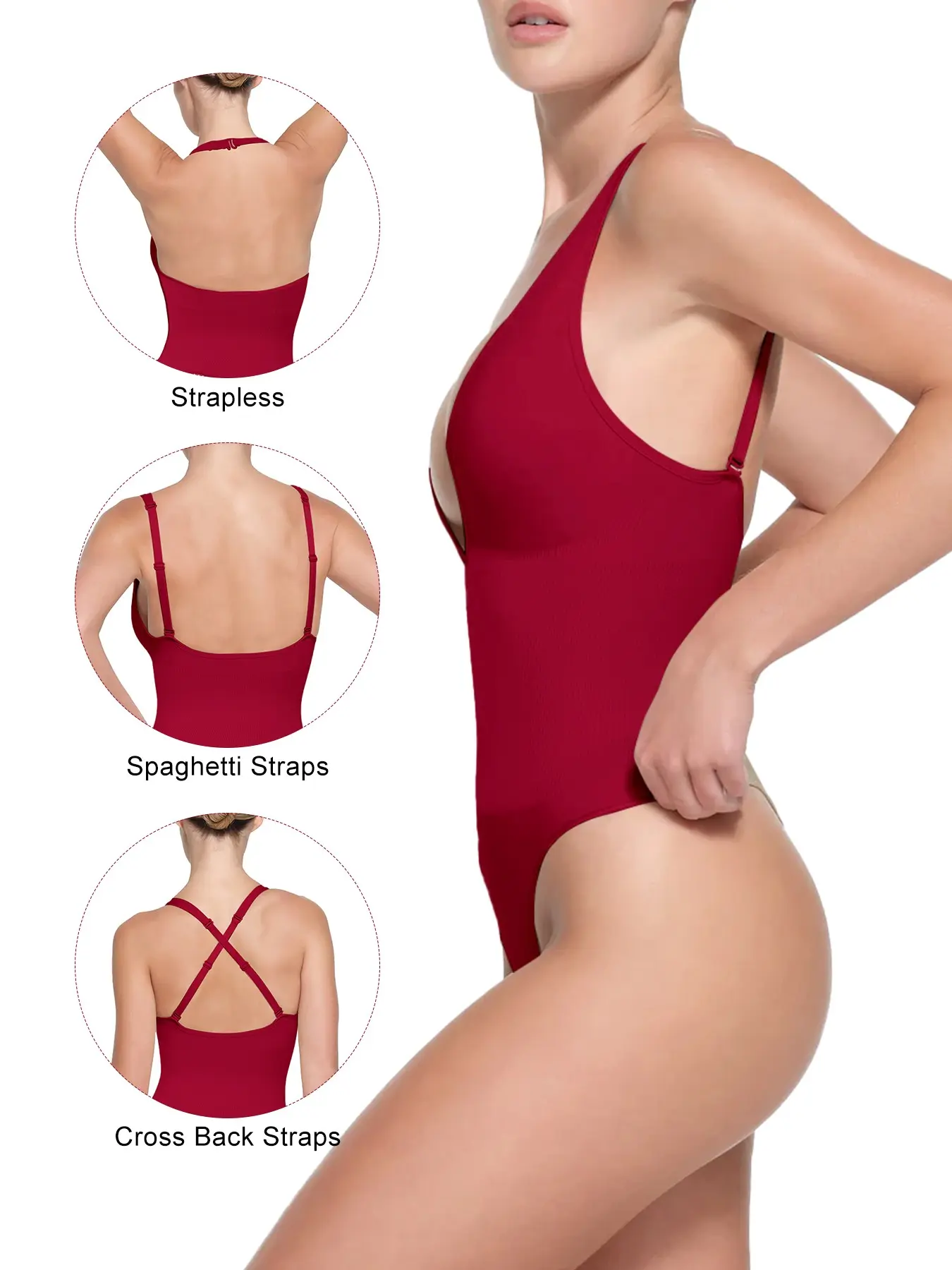 Women Convertible Adjustable Strap Ribbed V Neck Bodysuit, 3 Ways to Wear, Strapless Spaghetti Cross Back, Seamless Slim Fit, All Seasons Top