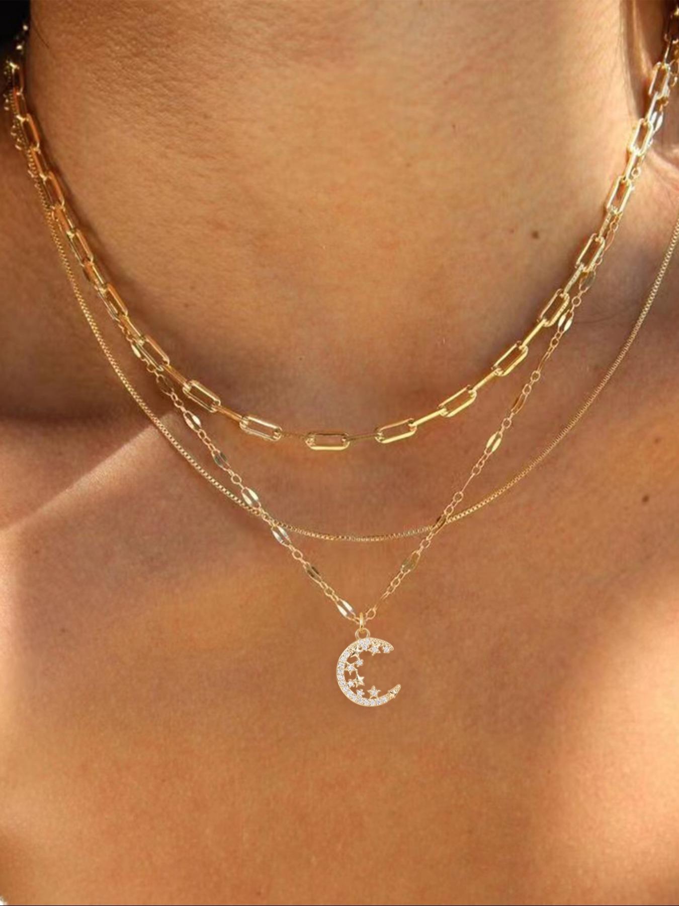 3 Piece Trendy Grid Paperclip Box Chain Set with Sparkling Star Artificial Zircon Rectangle Mini Pendant Necklace Minimalist Chain Necklace