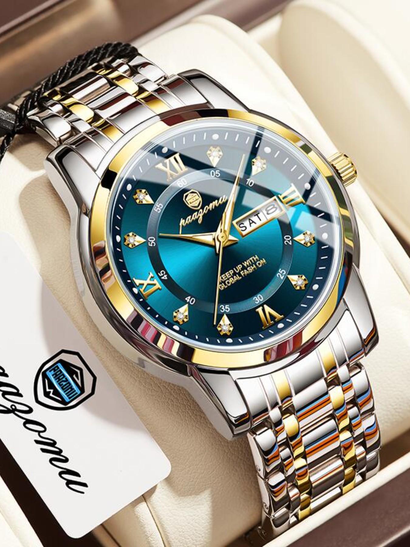 Paazomu Men's Wristwatch, Stainless Steel Waterproof Luminous, Casual Quartz Watch with Date and Week Display, Stylish Business Accessory