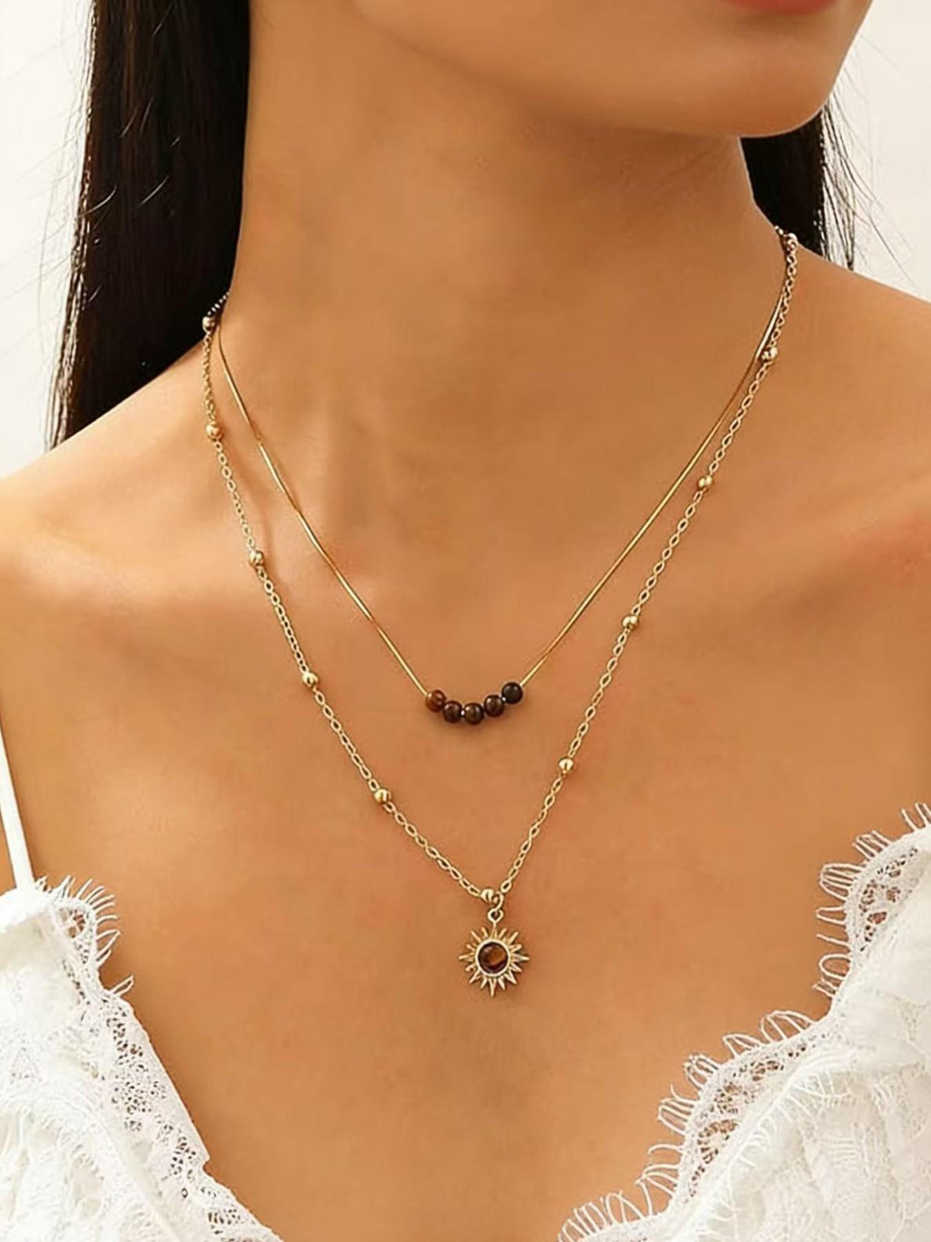 Boho Layered Sun Pendant Necklace, Gemstone Sun Necklace, Bead Choker, Faux Opal Sunburst, Sunshine Chain Necklace for Women