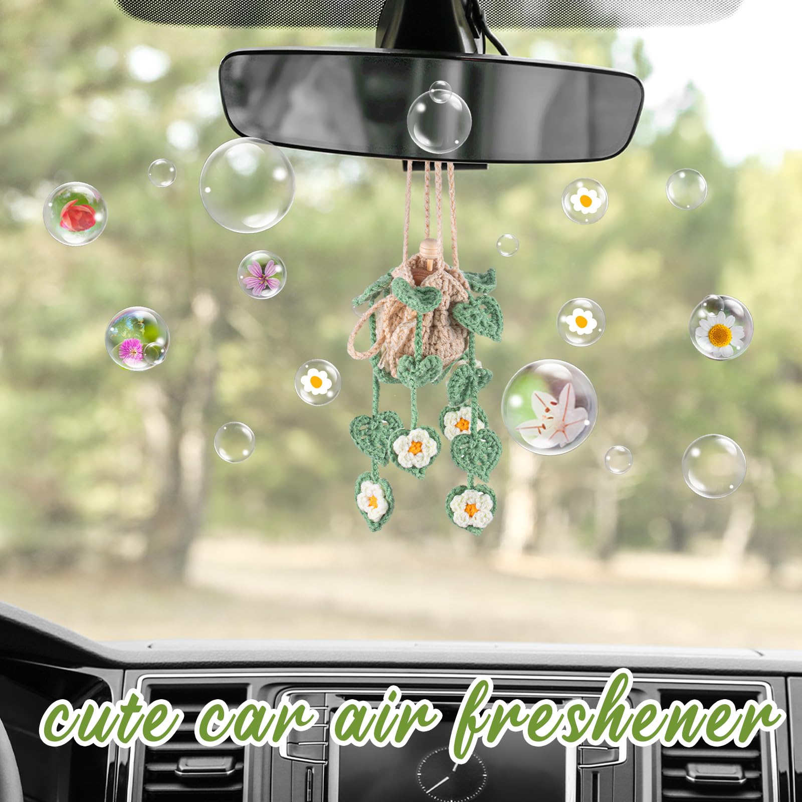 Cute Crochet Plant Design Car Hanging Crochet Car Air Freshener 12ml Empty Refillable Car Diffuser Bottle with Cute Potted Plants  Accessories Essential Oil Diffuser for Girlfriend family Gift Car Decor Decoration  Springtok