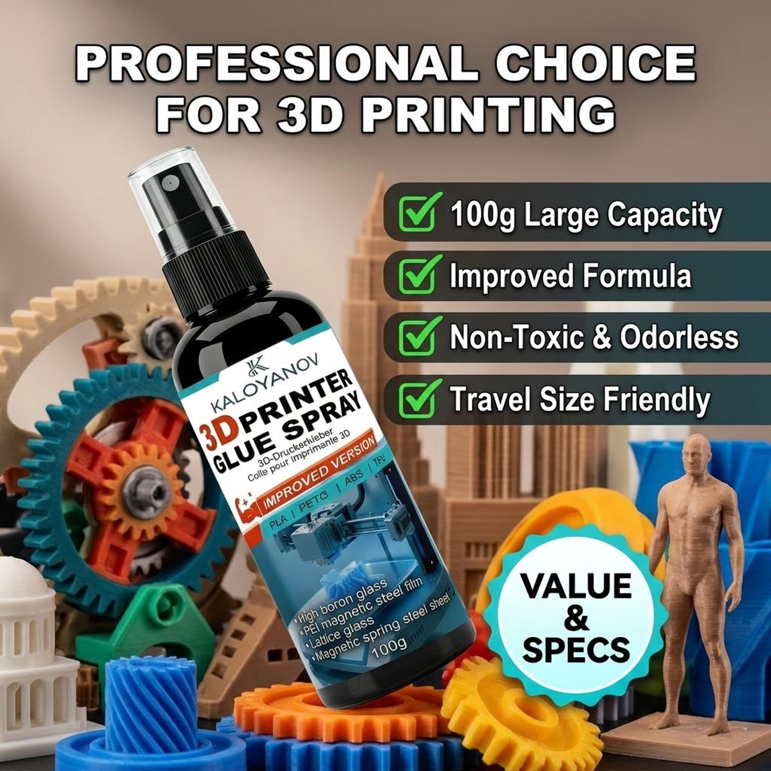 Upgraded 3D Printer Glue Spray Strong Bed Adhesion Anti-Warping Adhesive for PLA PETG ABS TPU Filament Perfect First Layer on PEI Sheet Glass Bed Magnetic Spring Steel 3D Printing Accessories No Curling Easy Release 100g Must Have Tech Tool