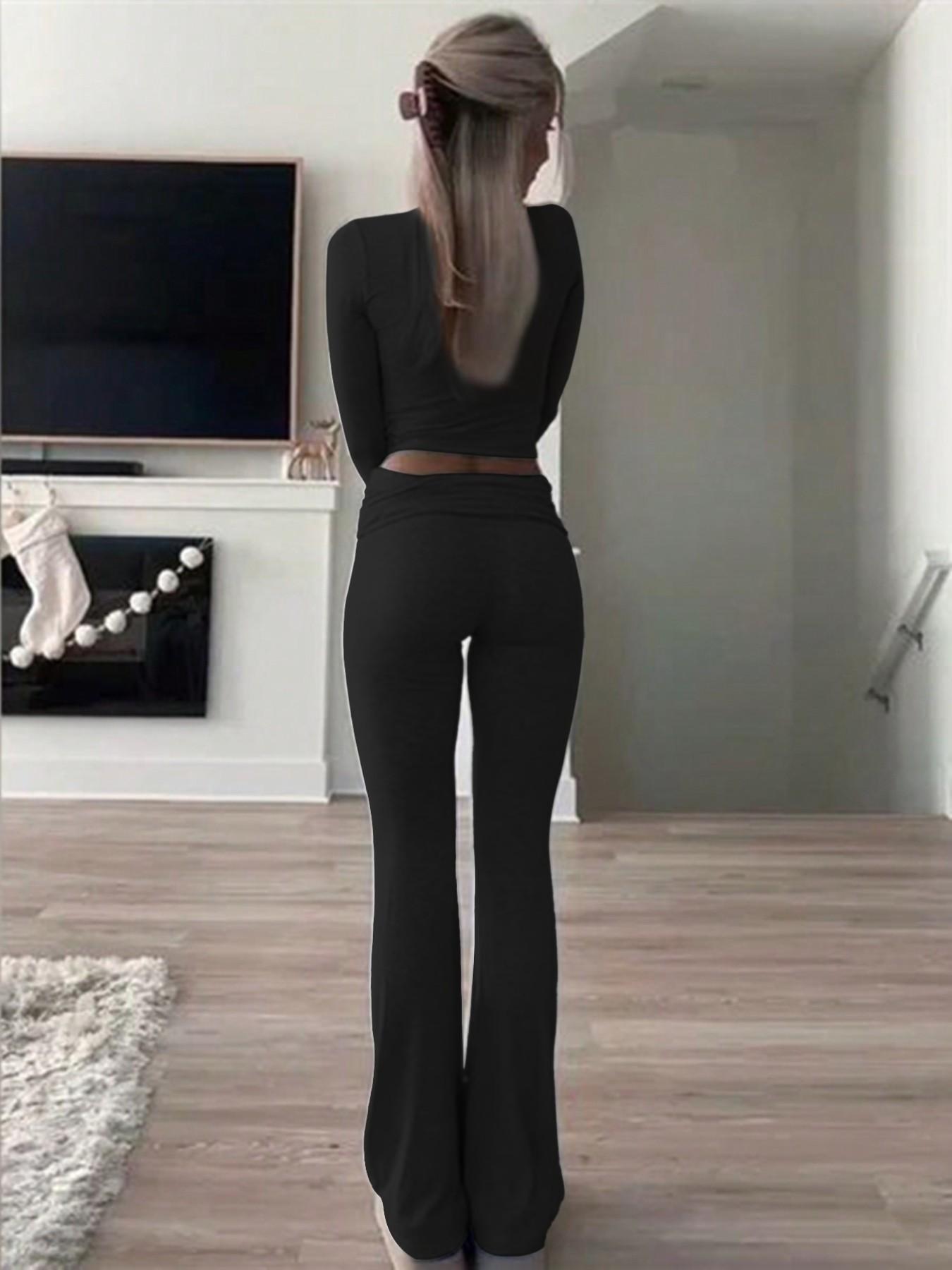 Women's 2 Piece, Foldover Flare Pants & Long Sleeve Crew Neck T-Shirt, Fitted Pajama Sets, Casual Comfortable Sleepwear