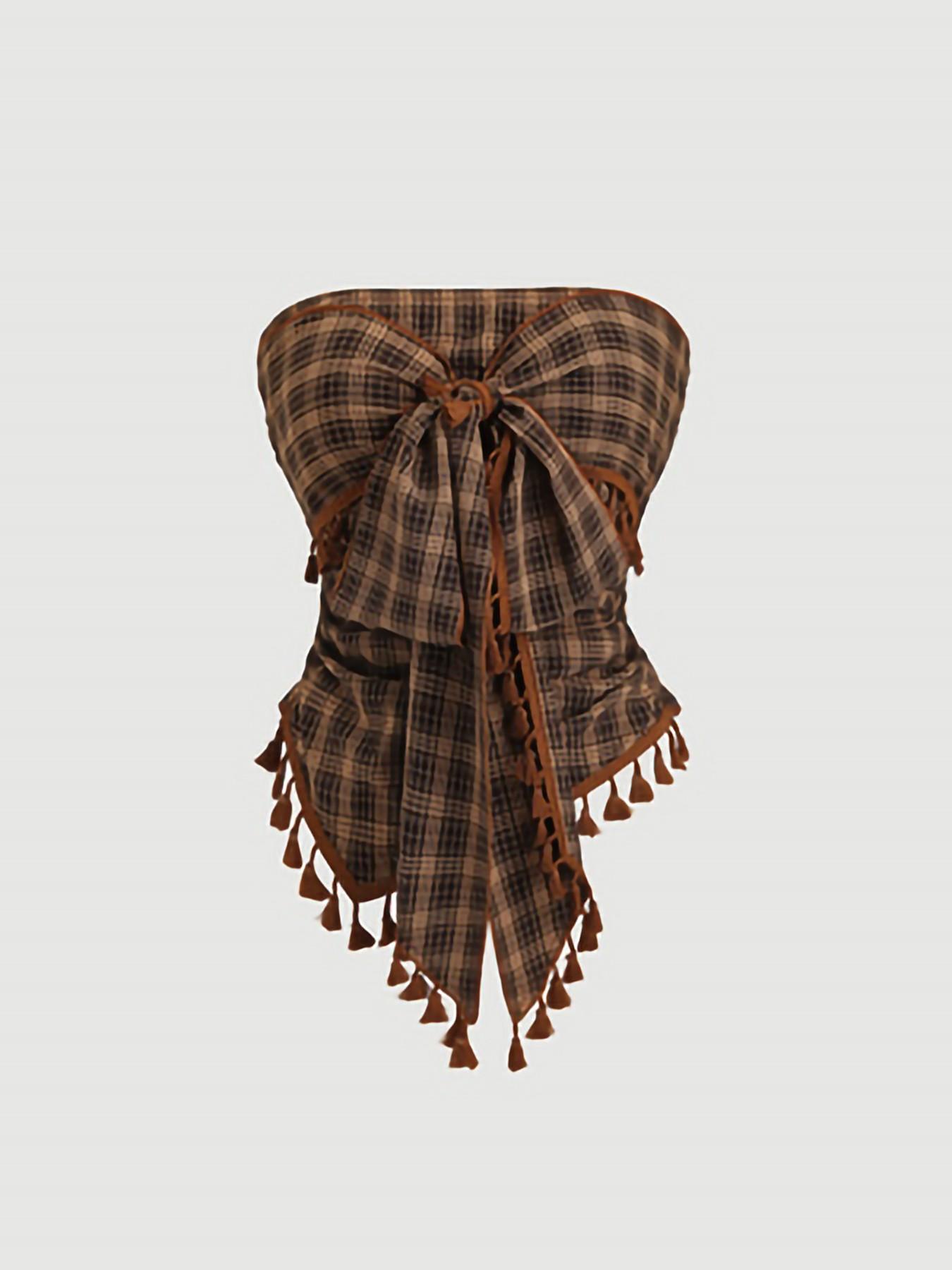 Women's French Vintage Plaid Fringe Trim Bow Design Short Tube Top, Bow Decor Cami, Perfect for Parties, Evening Events and Vacations, Elegant Style Top Women's French Vintage Plaid Fringe Trim Bow Design Short Tube Top, Bow Decor Cami, Perfect for Parties, Evening Events and Vacations, Elegant Style Top