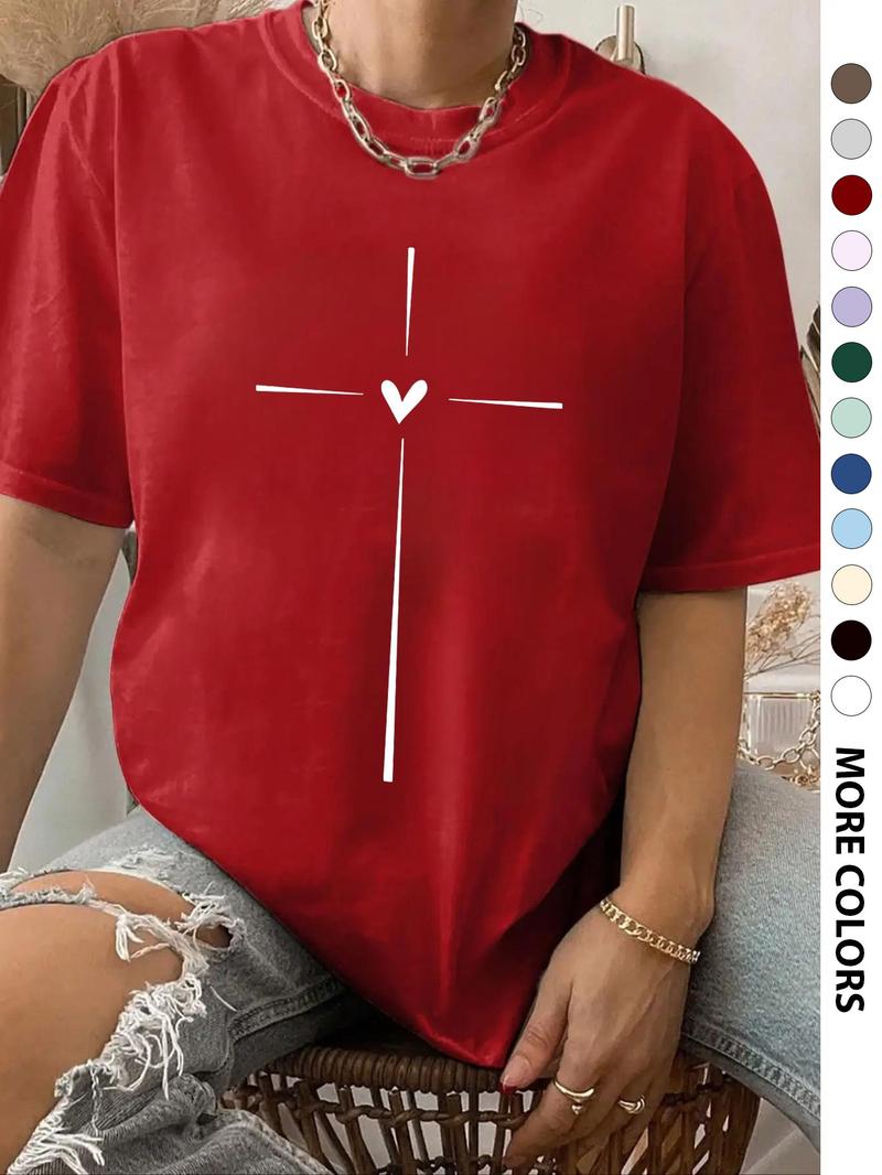 Women's Cross & Heart Print Round Neck Tee, Fashion Casual Crew Neck Short Sleeve T-Shirt for Daily Wear, Ladies Clothes for All Seasons