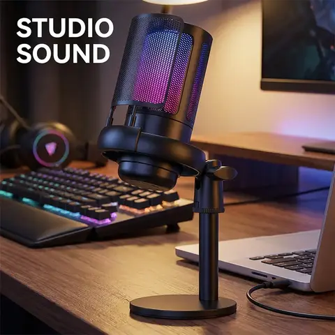 USB Condenser Microphone, RGB Lighting Microphone with Stand, Professional Microphone for Recording, Live Streaming, Gaming, Karaoke Singing, Audio, Tripod Mic, Live Streaming Equipment, Podcast Studio Equipment, Music Recording Equipment
