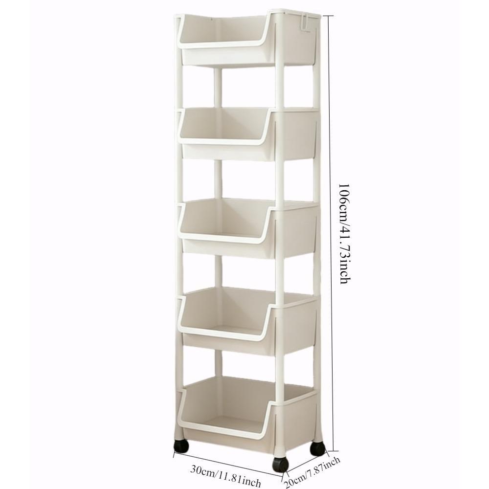 Five-Tier Multi-Functional Plastic Durable Storage Cart with Wheels, Layered Organizer for Bedroom Kitchen Bathroom Living Room, Portable and Movable