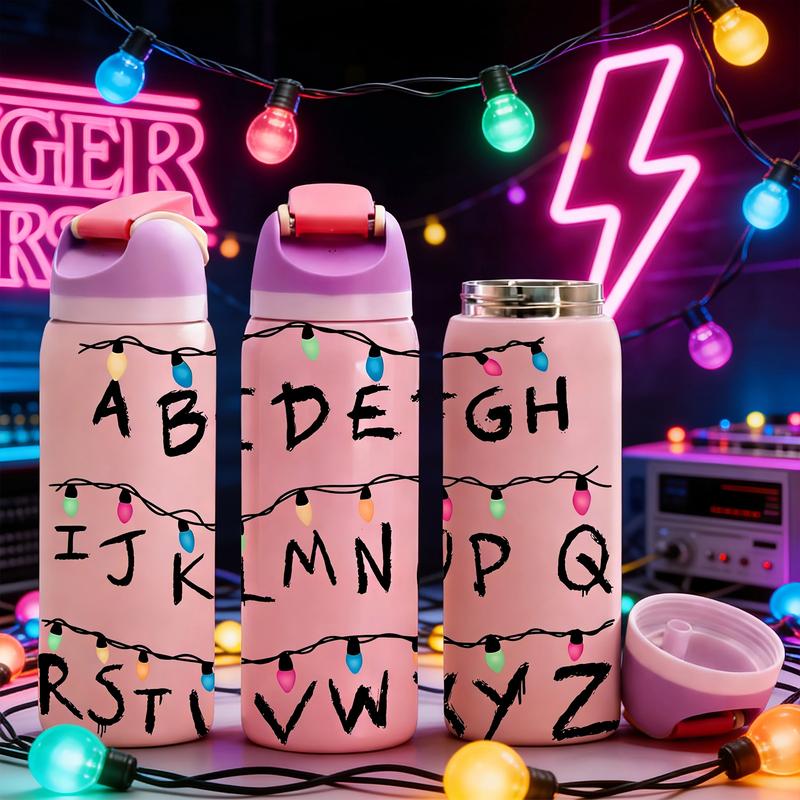1pc 40oz Stainless Steel Vacuum Insulated Tumbler with Lid and Straw, Stranger Things Alphabet Light Wall Design, Insulated Thermal Cup, Keep Hot 12H / Cold 24H, Retro Sci-Fi Travel Mug, Unique Gift for TV Series Fans and 80s Nostalgia Aesthetic Lovers