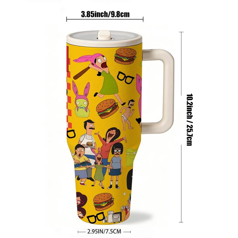 1 Pc 40oz Burger Family Cartoon Insulated Tumbler With Handle And Lid, Funny Food Lover Animation Design, Double Wall Stainless Steel Travel Mug For Hot Cold Drinks, Leak Proof Large Capacity Cup, Aesthetic Gift For Burger Fans, Home Office Daily Use