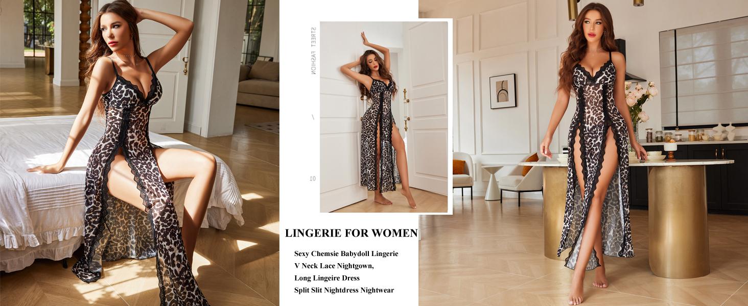 Avidlove Women's Lace Nightgown Floral Mesh Chemise with V-Neck & Side Splits Fitted Loungewear for Comfortable Wear Soft Lightweight Lingerie - Drop Shoulder Nightdress SpringStatements