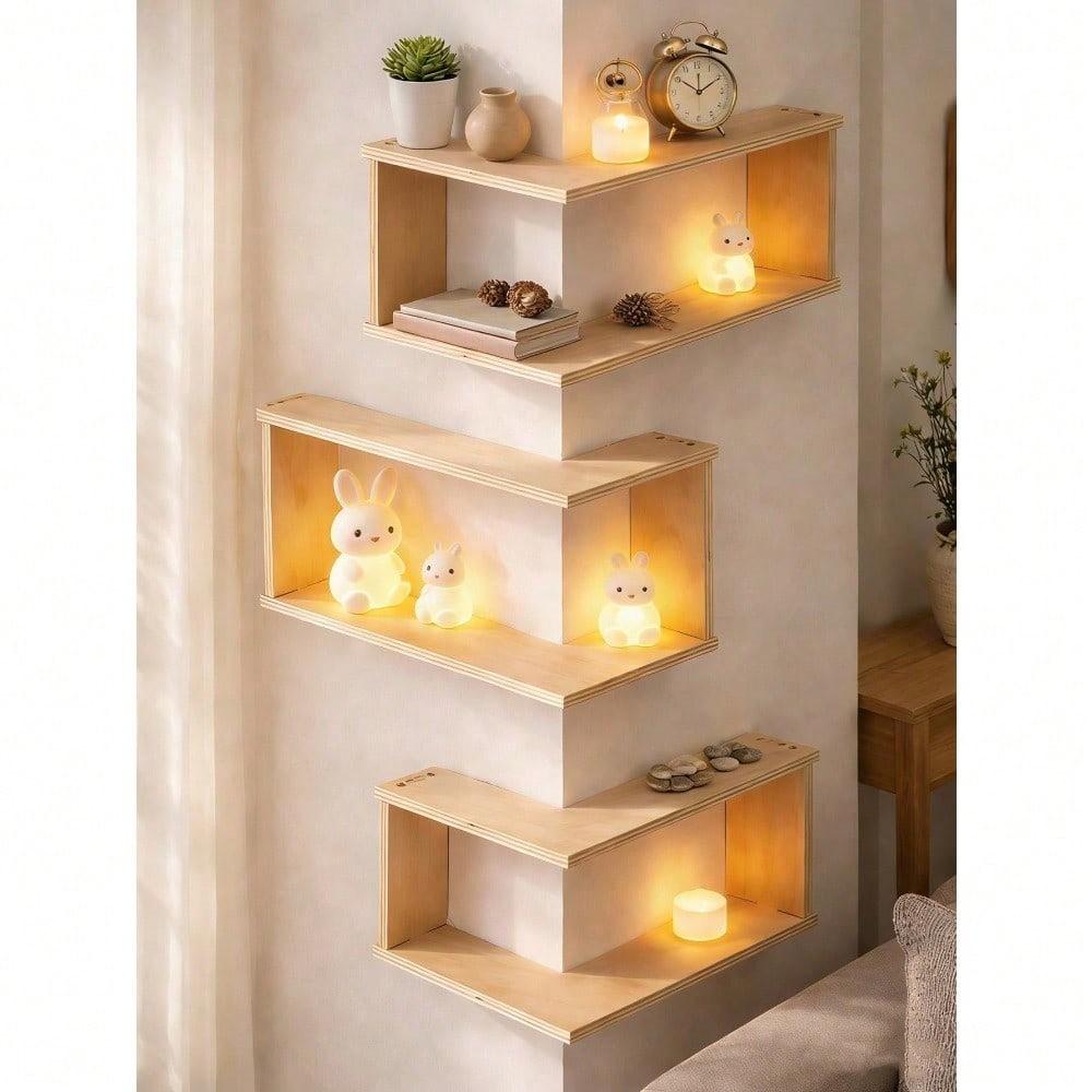 1pc Corner Floating Shelf, Wall Mounted L-Shaped Corner Shelf, Natural Plywood, Home Decor for Bedroom, Living Room, Bathroom, Kitchen