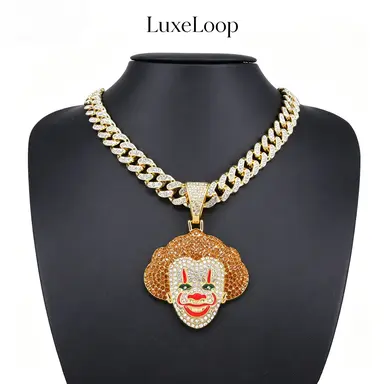 LuxeLoop Creative Clown Face Pendant Neck Chain for Men Unisex, Trendy Iced Out Hip Hop Streetwear Statement Necklace, Chunky Cuban Link Fashion Neck Accessory, Viral Halloween Party Nightclub Outfit Matching Neck Piece, Versatile Layerable Daily Night Ou