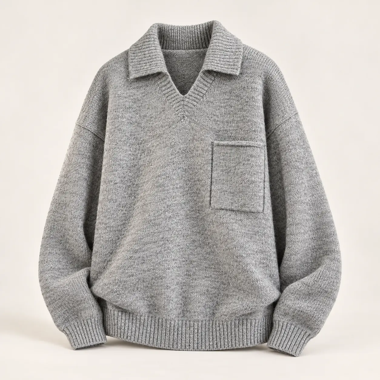 Men's Gray Polo Sweater, Long Sleeve Open V Neck Knit Pullover with Chest Pocket, Relaxed Fit Collared Sweater with Drop Shoulders and Ribbed Cuffs, Heather Gray Knitwear for Fall Winter, Casual Office Work Outfits, Weekend Wear and Everyday Layering