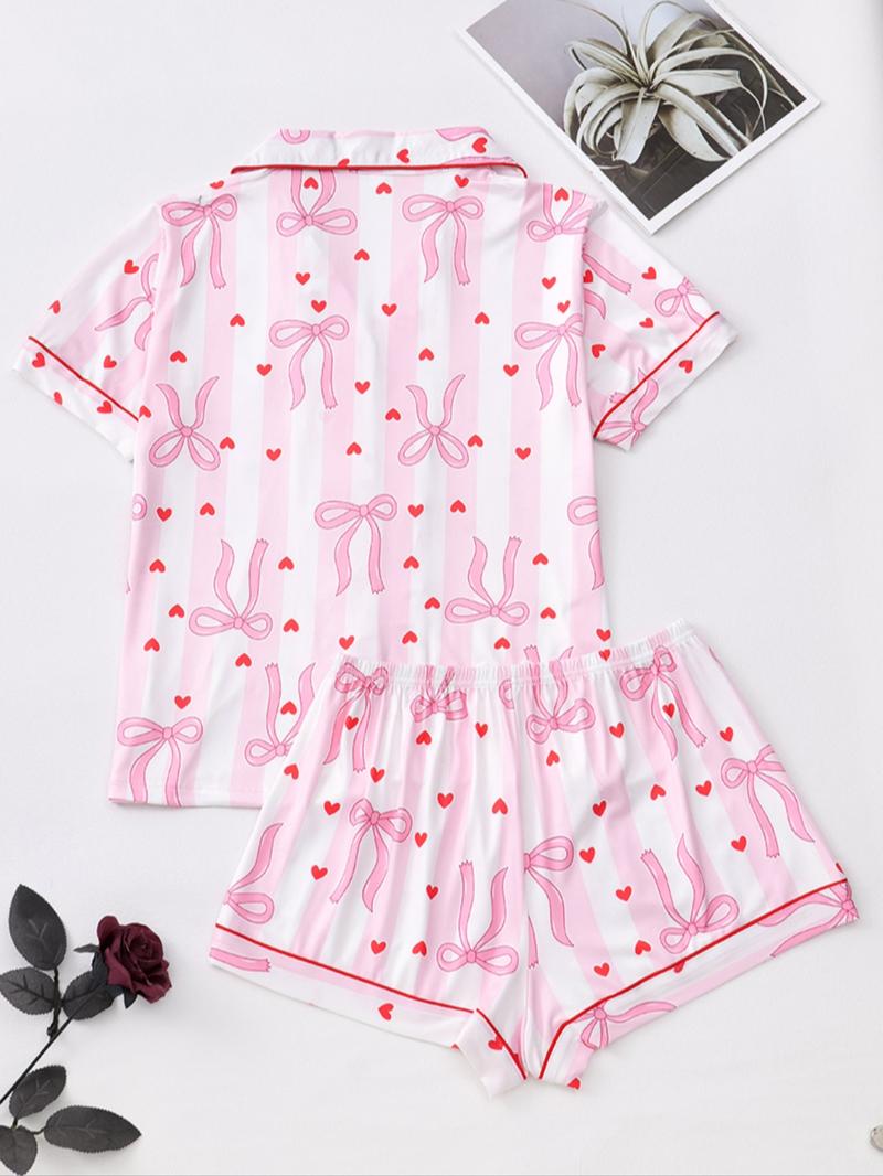 Valentine's Day Bowknot Heart Print Pajama Set, Soft Silk Striped Butterfly Knot Short Sleeve Sleepwear, Women's Comfortable Nightwear
