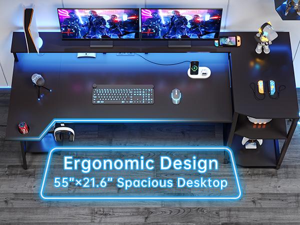 SEDETA Gaming Table 70.8-Inch with LED Lights and Storage Shelf with Monitor Stand Power Outlet and Cup Holder Desk Gaming Table
