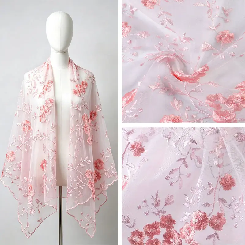 Pink Floral Embroidery Tulle Fabric with Scalloped Edge, Sheer Mesh Cloth for Dress Wedding Curtain DIY Sewing