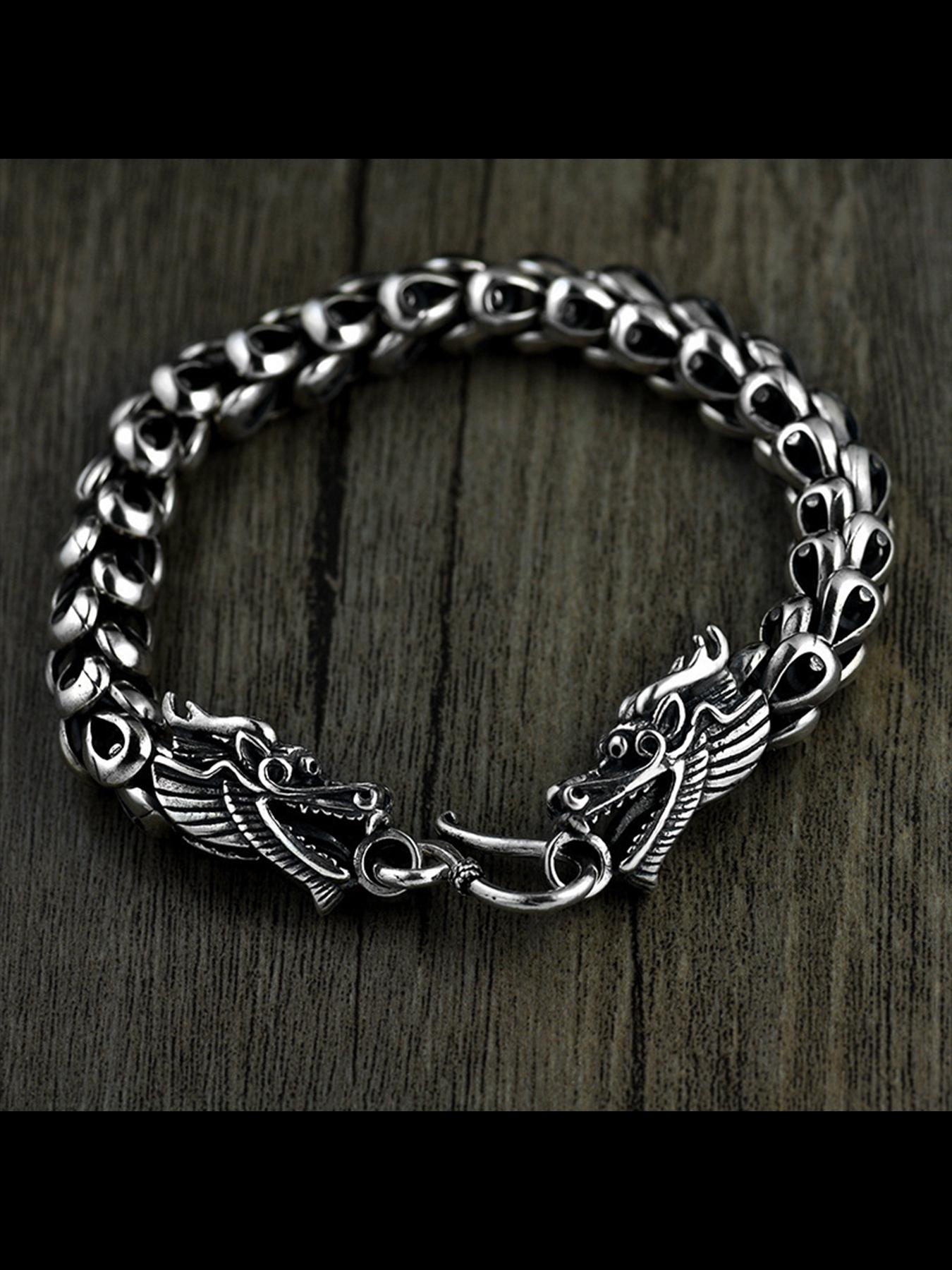 New Fashion Versatile Thai Dual Dragon Head Hand Chain, Men's Trendy Thick Dragon Scale Lucky Twelve Zodiac Dragon Bracelet