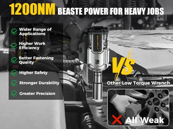 SOARFLY 1200NM (900FT-LBS) Cordless lmpact Wrench, For Automobiles, Trucks, 2x 4.0Ah Batteries, Fast Charger, 3000RPM, 5 Sockets & 1 Extension Bar