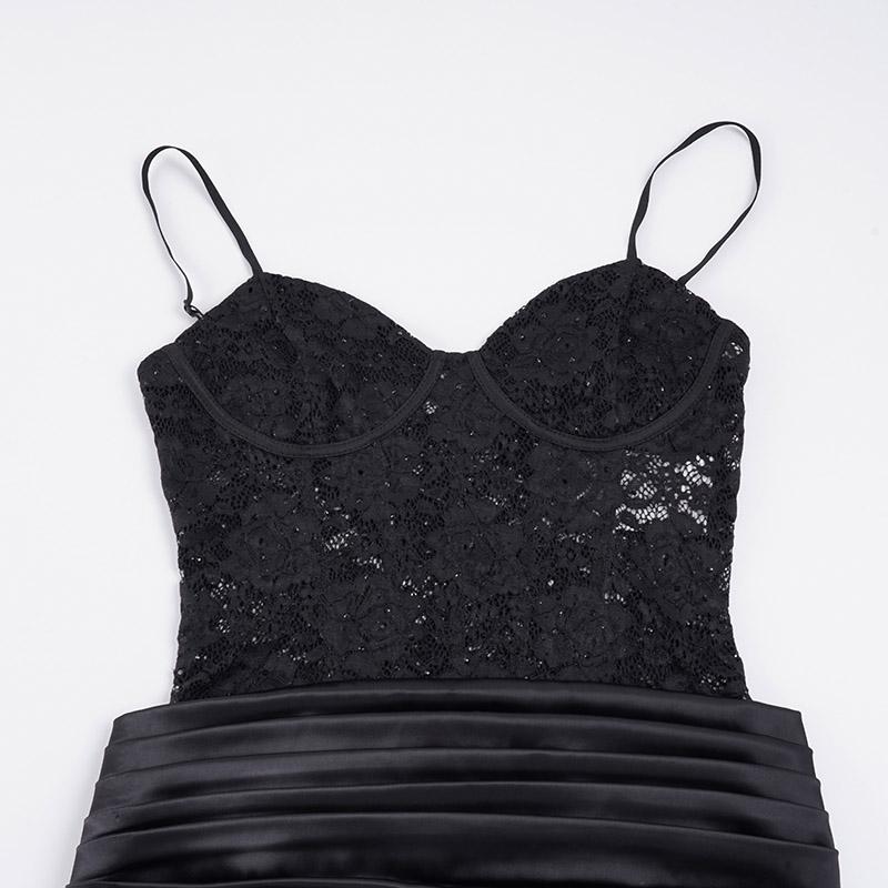 Sexy Series Chest Lace Hollow Splicing Satin Bottom Thin Strap Dress European and American Style Women's Tight Party Bag Short Outfits Music Festival Dressing