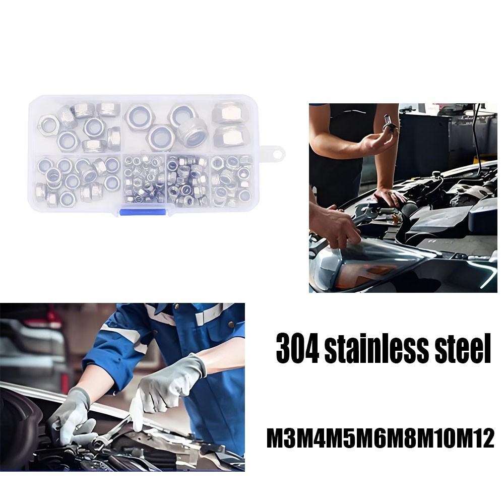 144pcs Stainless Steel Anti-Loosen Nuts, Non-Slip Locking Nuts, Nylon Self-Locking Nuts, Durable Fasteners for Various Applications