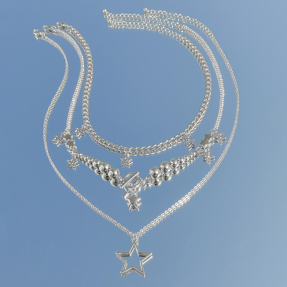 Multi-piece Hip Hop Star Pendant Necklace Set - Edgy Spicy Girl Style with Round Ball Metal Bead Chains, Fashion Chain Decorated Streetwear Jewelry for Nightclubs, Casual Daily Wear, Beaded Chains, Metal Beads