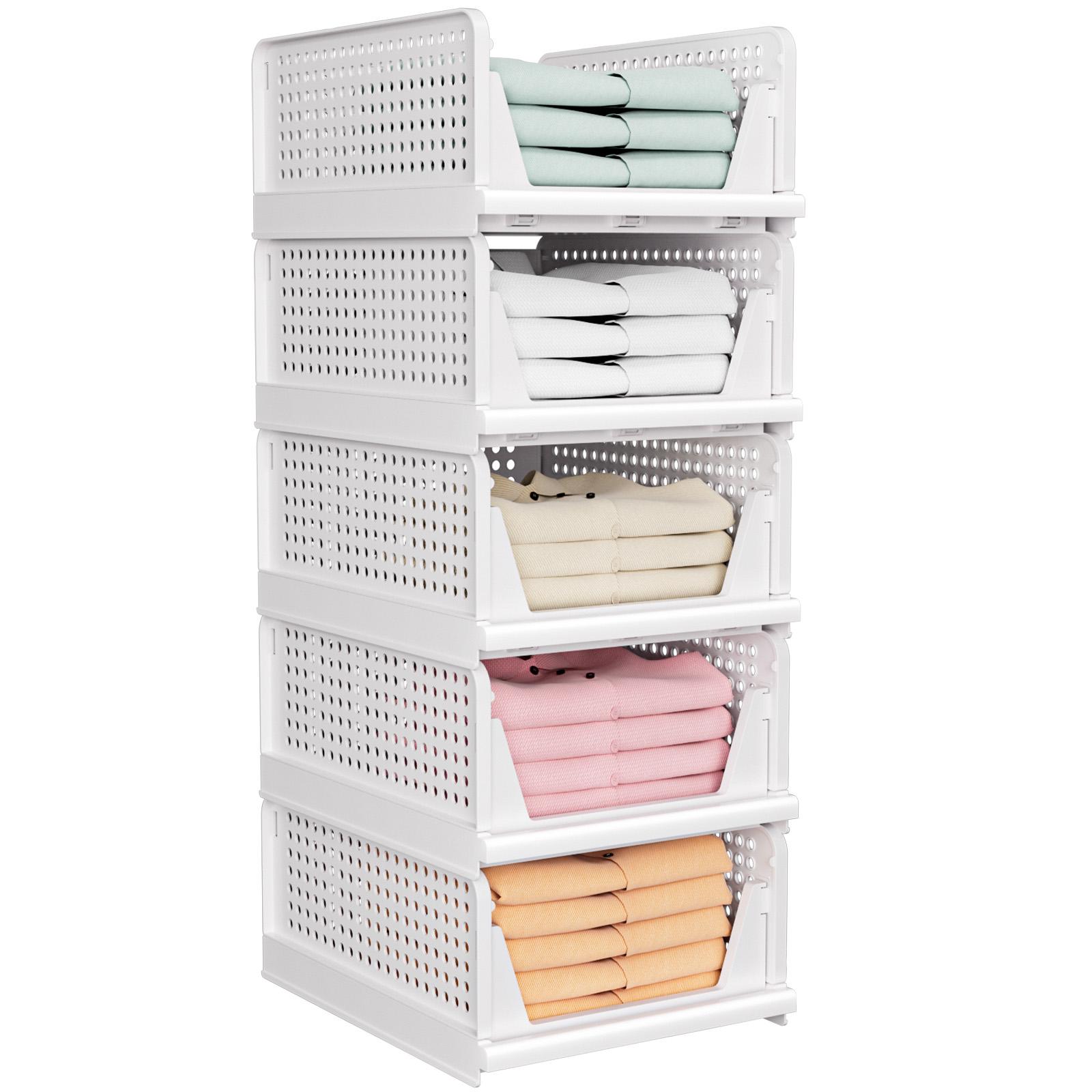 4 Pack 5 Pack Folding Closet Organizers Storage Box, Stackable Storage Bins, Plastic Drawer Basket Closet Storage for Wardrobe Cupboard Kitchen Bathroom Office