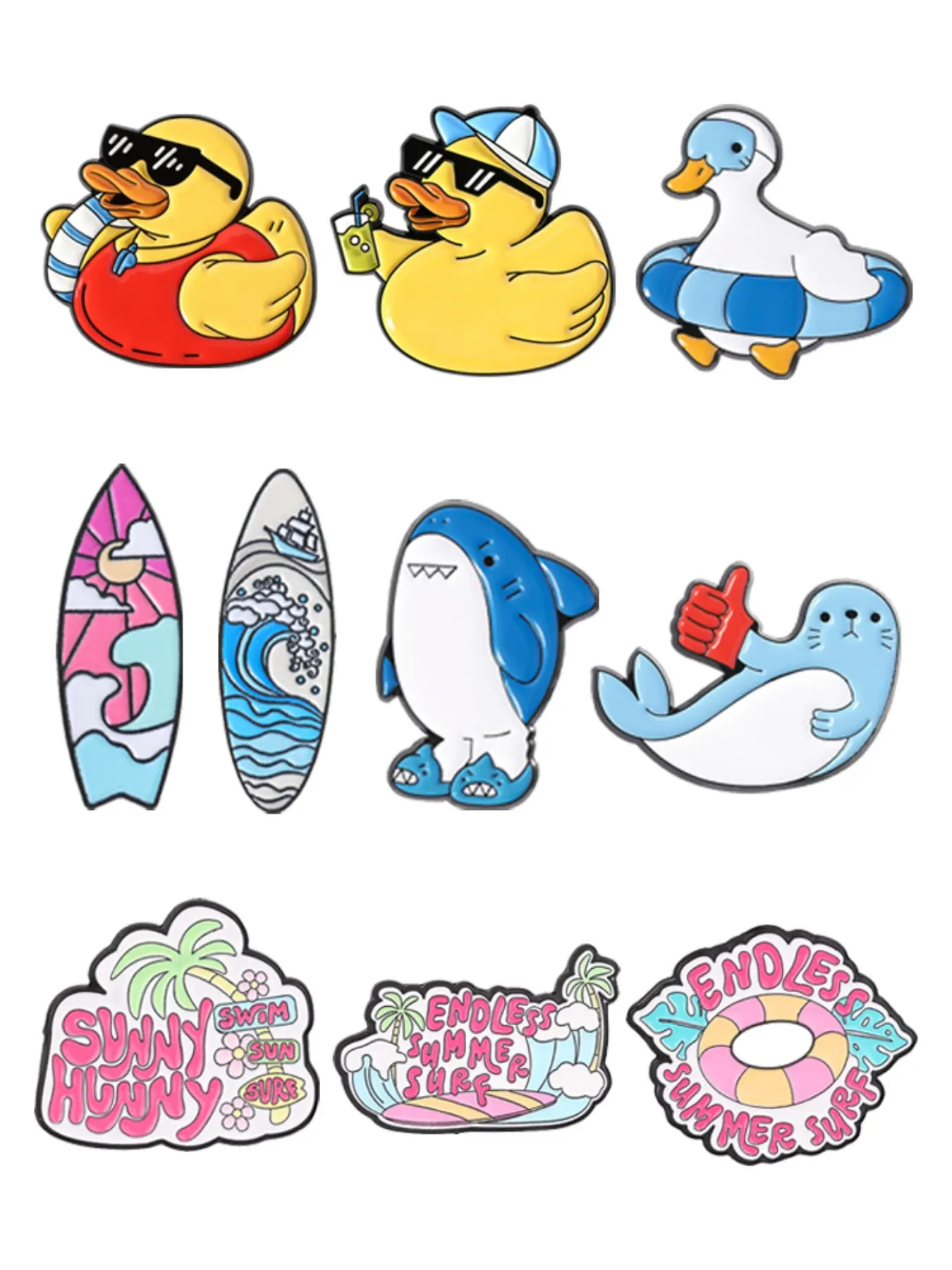 10-Piece Summer Beach Theme Brooch Set, Cute Sunglasses Duck Shark Seal, Alloy Pin for Backpack Clothes, Fashion Accessory